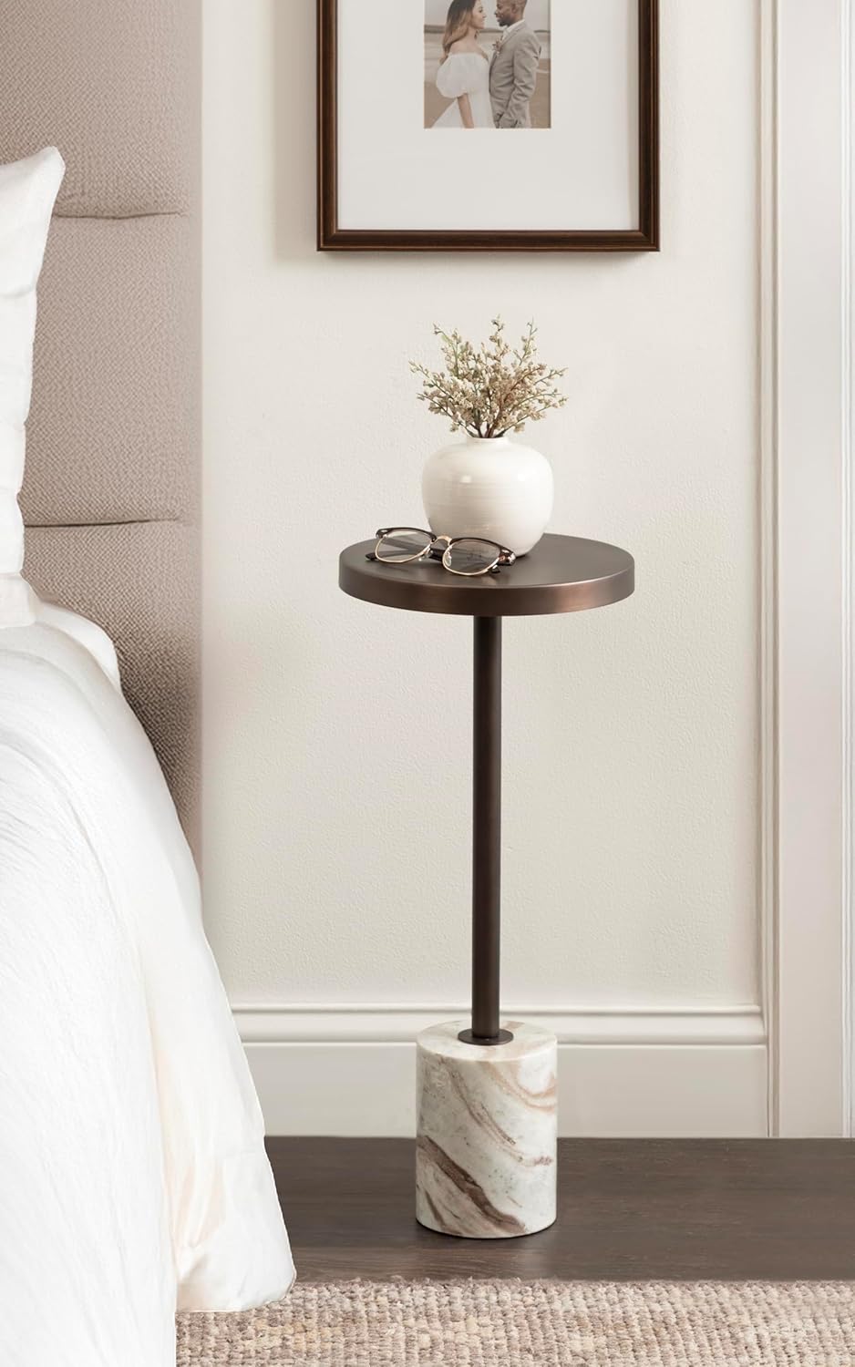 Kate and Laurel Hescott Vintage Metal Drink Table, 10 x 10 x 24, Bronze and Brown Marble, Glam Round Accent Table with Premium Toronto Marble Base and Metal Tabletop