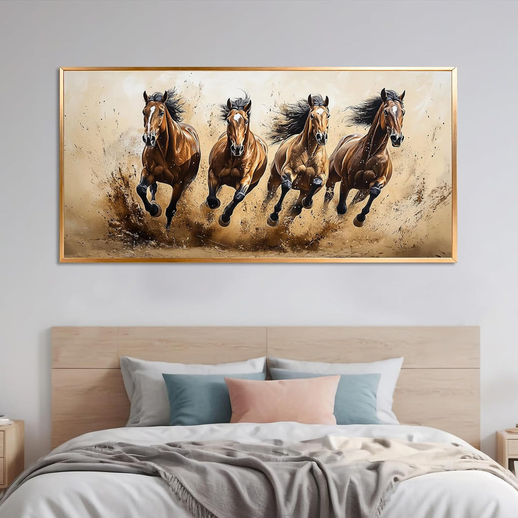 Azatyam Running Horse Wall Art Wild Horses Western Canvas Prints Brown Galloping Stallion Animal Picture Large Nature Artwork for Living Room Bedroom Office Home Decor Aluminum Alloy Frame 28" x 58"