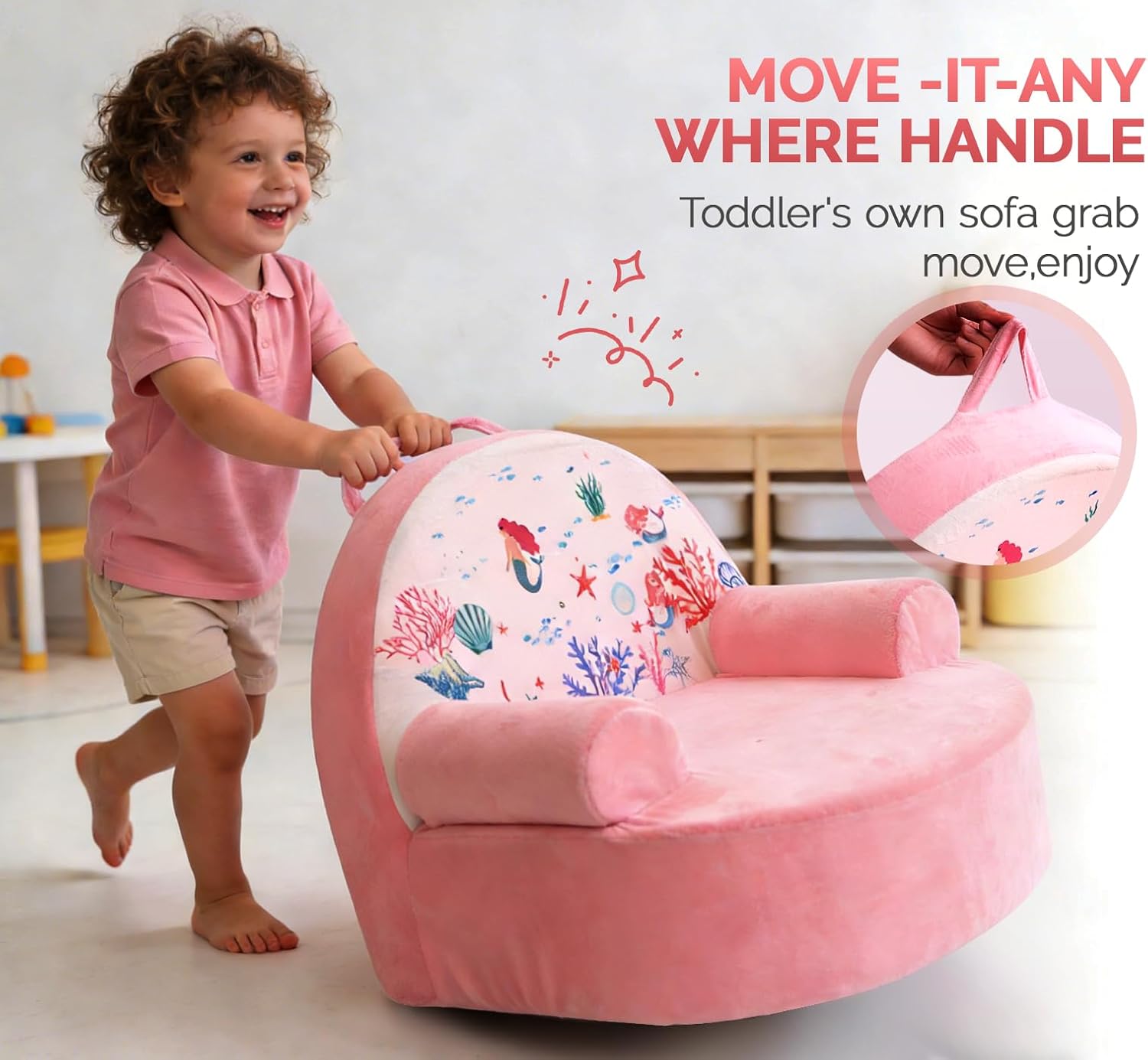 Snuggly Toddler Chair, Soft Kids Sofa with Back, Cozy Kids Couch Comfy for Toddlers 1-3, Plush Child Seat with Carry Handle, Kids Furniture Gift for Girls & Boys (Pink Mermaid)