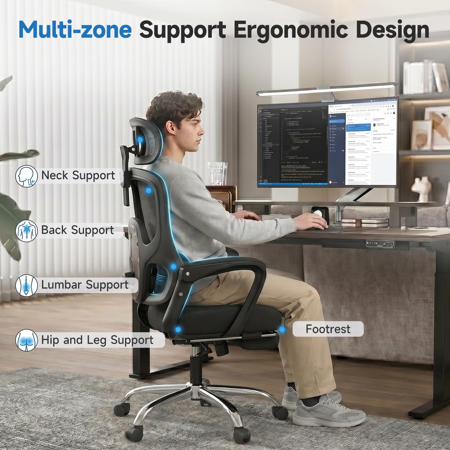 Ergonomic Office Chair with Footrest, 90-145° Reclining Gaming Chair with Adjustable Lumbar Support & Headrest, High Back Mesh Computer Chair for Home Office, 350lbs Capacity