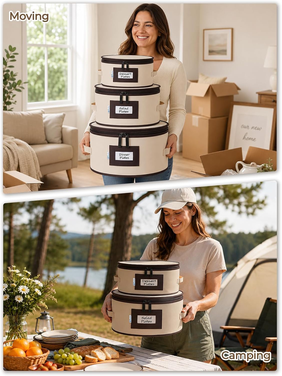punemi China Storage Containers, 4 Pack Hard Shell Plate Dish Storage Cases with Padded Dividers & Quilted Lining, Stackable Dinnerware Storage Protectors for Moving Boxes & Holiday Storage, Beige