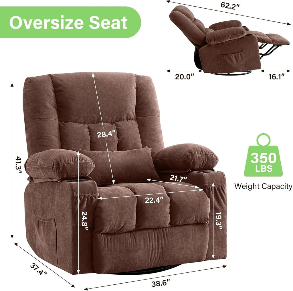 Oversized Swivel Rocker Recliner Chair for Adults, Manual Glider Recliner Sofa with Massage and Heat, Nursery Rocking Chair with Cup Holder and Side Pocket for Living Room