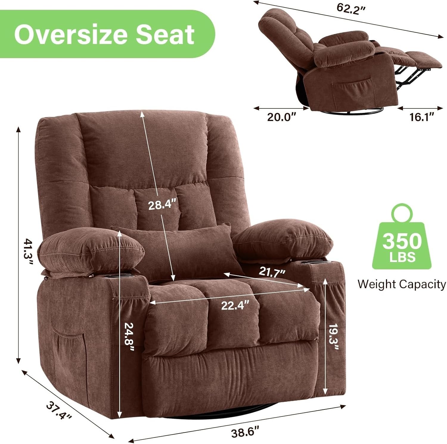 Oversized Swivel Rocker Recliner Chair for Adults, Manual Glider Recliner Sofa with Massage and Heat, Nursery Rocking Chair with Cup Holder and Side Pocket for Living Room