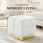 Boucle Storage Ottoman Stool, Modern Vanity Stool with Biscuit Tufting and Gold Stainless Steel Base, Square Ottoman Foot Stool for Living Room, Bedroom, Entryway, White
