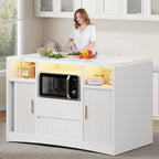 Kitchen Island with Storage, Island Table for Kitchen with Power Outlet & LED Light, Rolling Buffet Cabinet with Fluted Sliding Door, 2 Drawers, Large Countertop, White