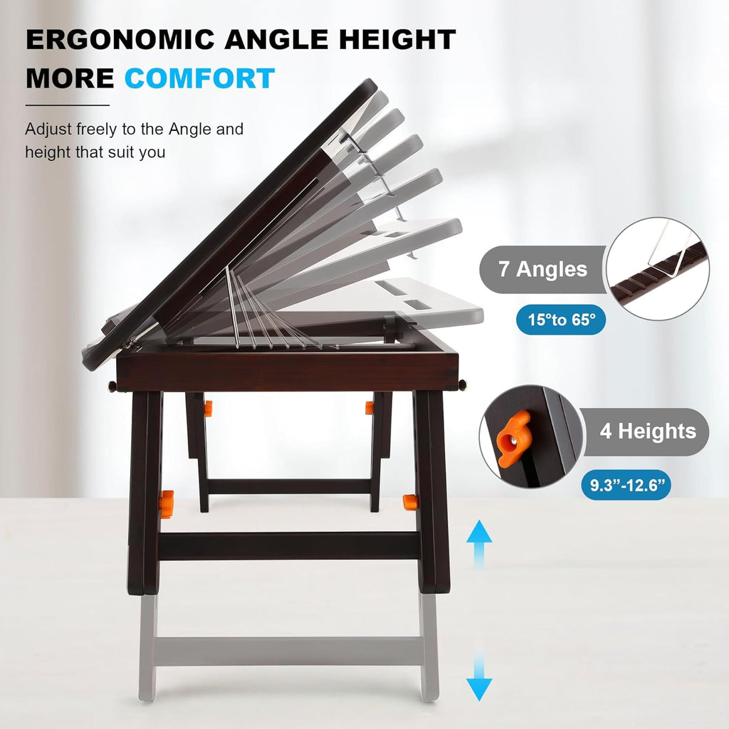 Nnewvante Drawing Table Foldable Drafting Desk with Adjustable Height & Angle Bamboo Drawing Board Easel with Tablet and Phone Slots for Painting, Drafting, Writing, Reading