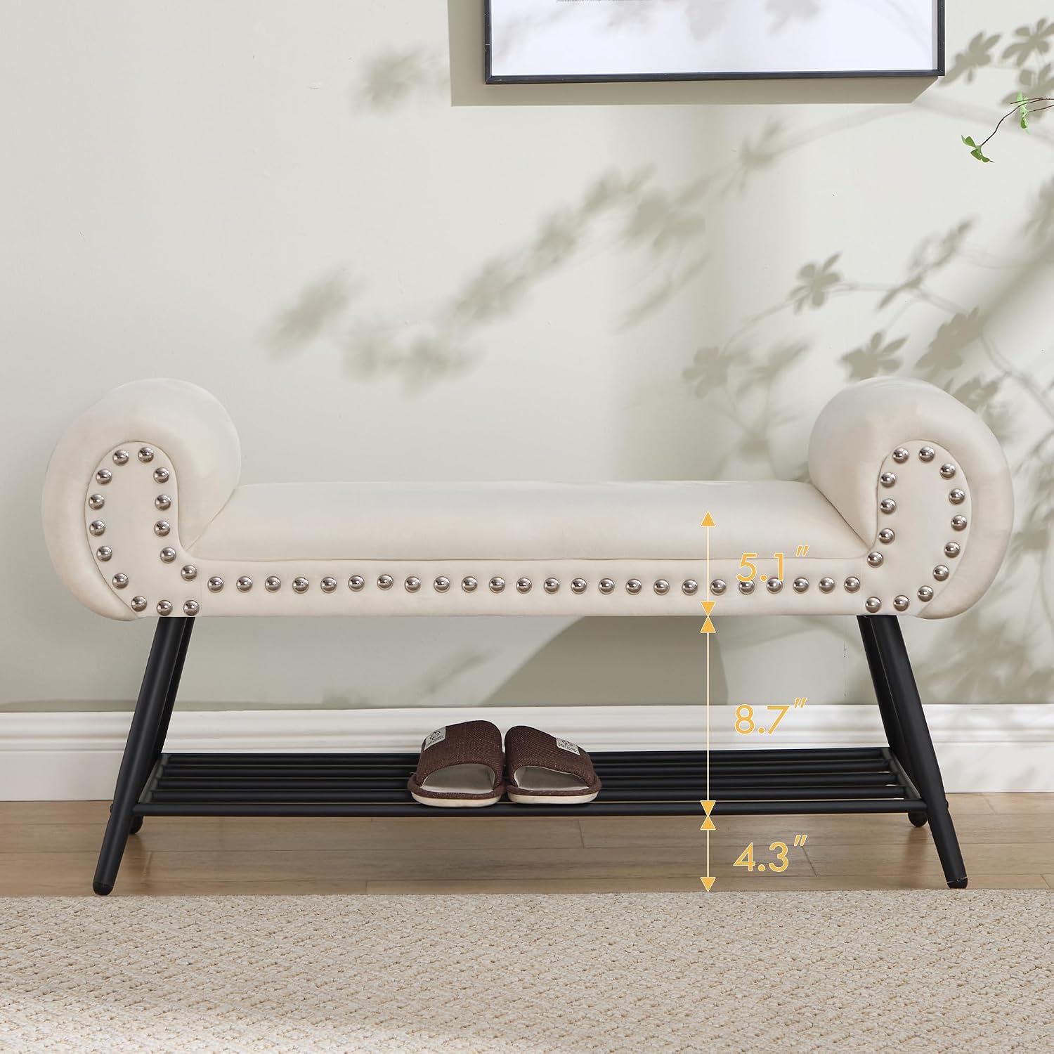 End of Bed Bench with Shoe Shelf, 45" Modern Velvet Upholstered Bedroom Bench with Rolled Arms and Metal Frame for Entryway, Living Room, Hallway, Foyer, 300 lbs, Cream
