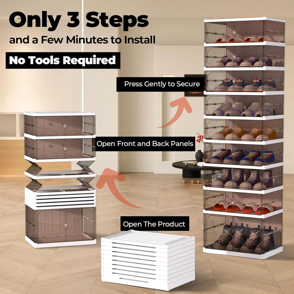 FAHKNS 9 Tier 18 Pairs Foldable Shoe Rack with Wheels, Portable Plastic Shoe Storage Cabinet with Clear Magnetic Doors Space Saving No Assembly for Entryway, Living Room, Closet