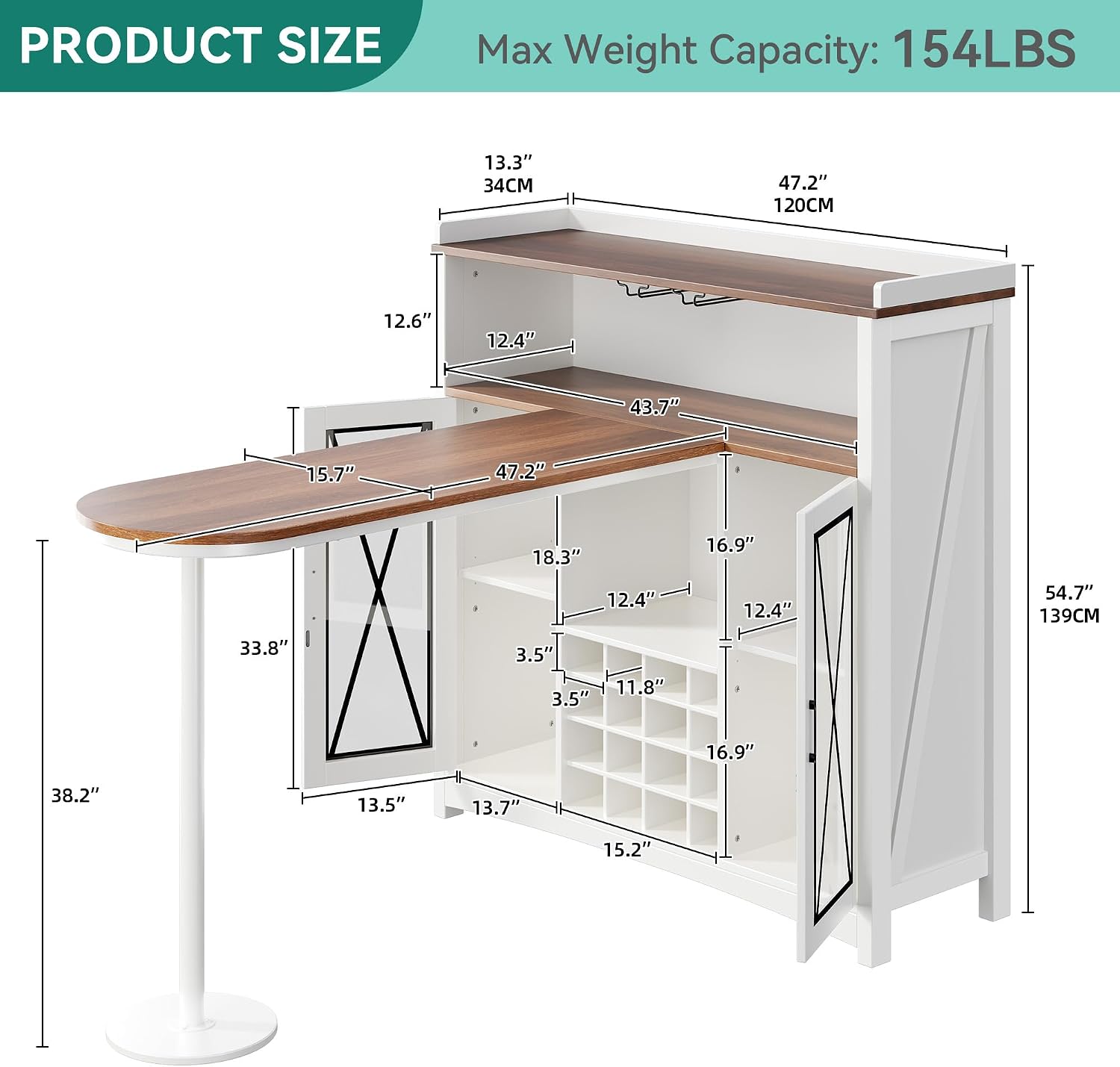 YITAHOME Mini Bar Unit for Home with LED Light & Wine Bar Cabinet, Large Tall Height Bar Table with Wine Rack, Farmhouse Coffee Station with Storage Glasses Hanger for Kitchen Pub, Walnut & White