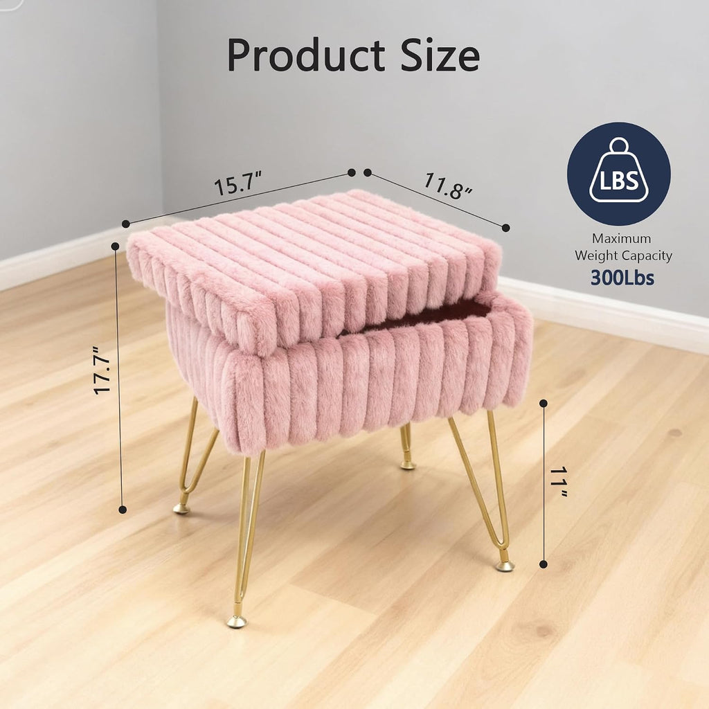 Vanity Stool Chair with Storage, Faux Fur Soft Padded Ottoman with Coffee Table, Modern Vanity Chair Fluffy Footstool with Metal Legs for Makeup, Living Room,Bedroom Pink