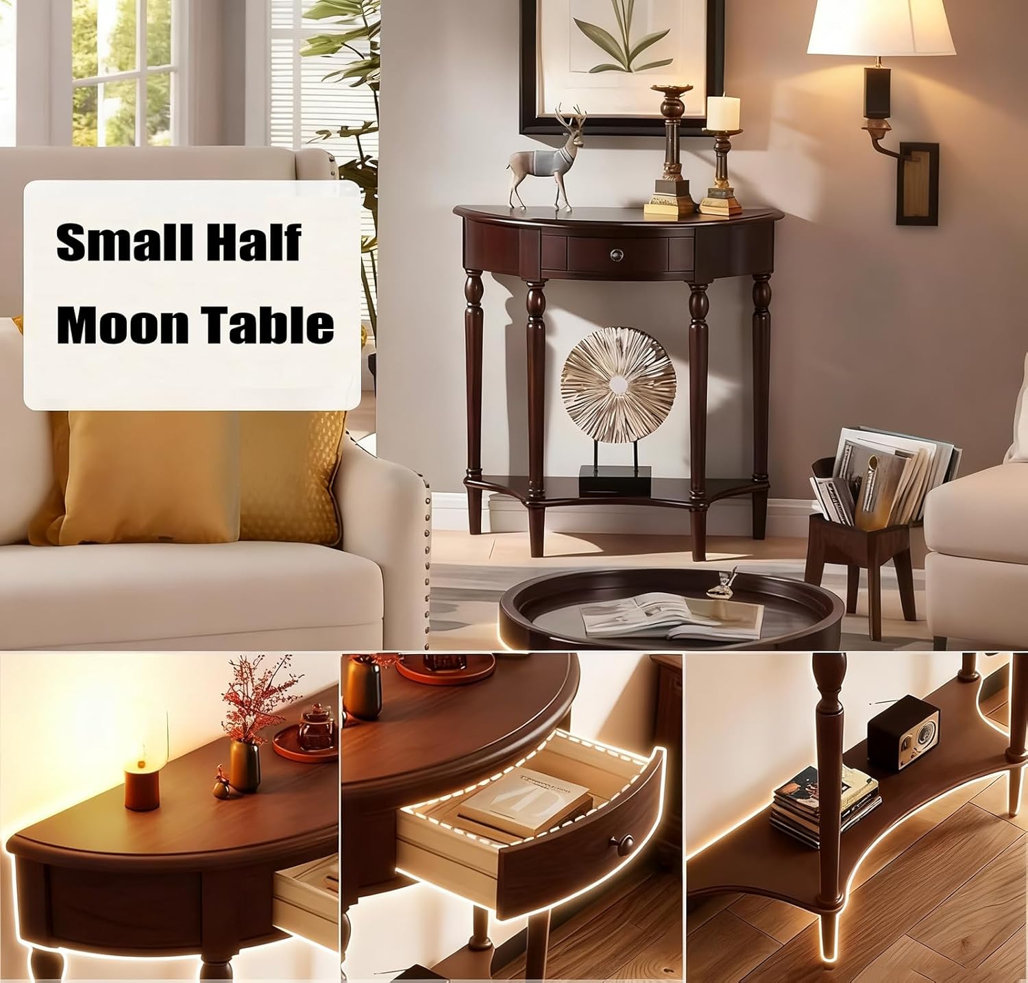 Half Moon Table, Table Solid Wood with Drawer Half-Moon Porch Side Elegant Vintage, Semi-Circle Entryway Storage Shelf, for Hallway Entrance Decor(Walnut-Colored, 23.6" L x 11.8" W x 31.5" H)