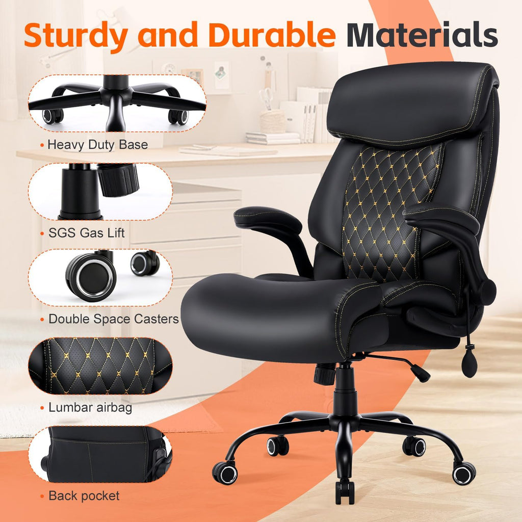 BOSMILLER Big and Tall Office Chair, Heavy Duty Executive Chairs with Adjustable Lumbar Support for Back Pain, Ergonomic Comfortable Computer Chair with Extra Wide Seat for Home Office, Black Pu