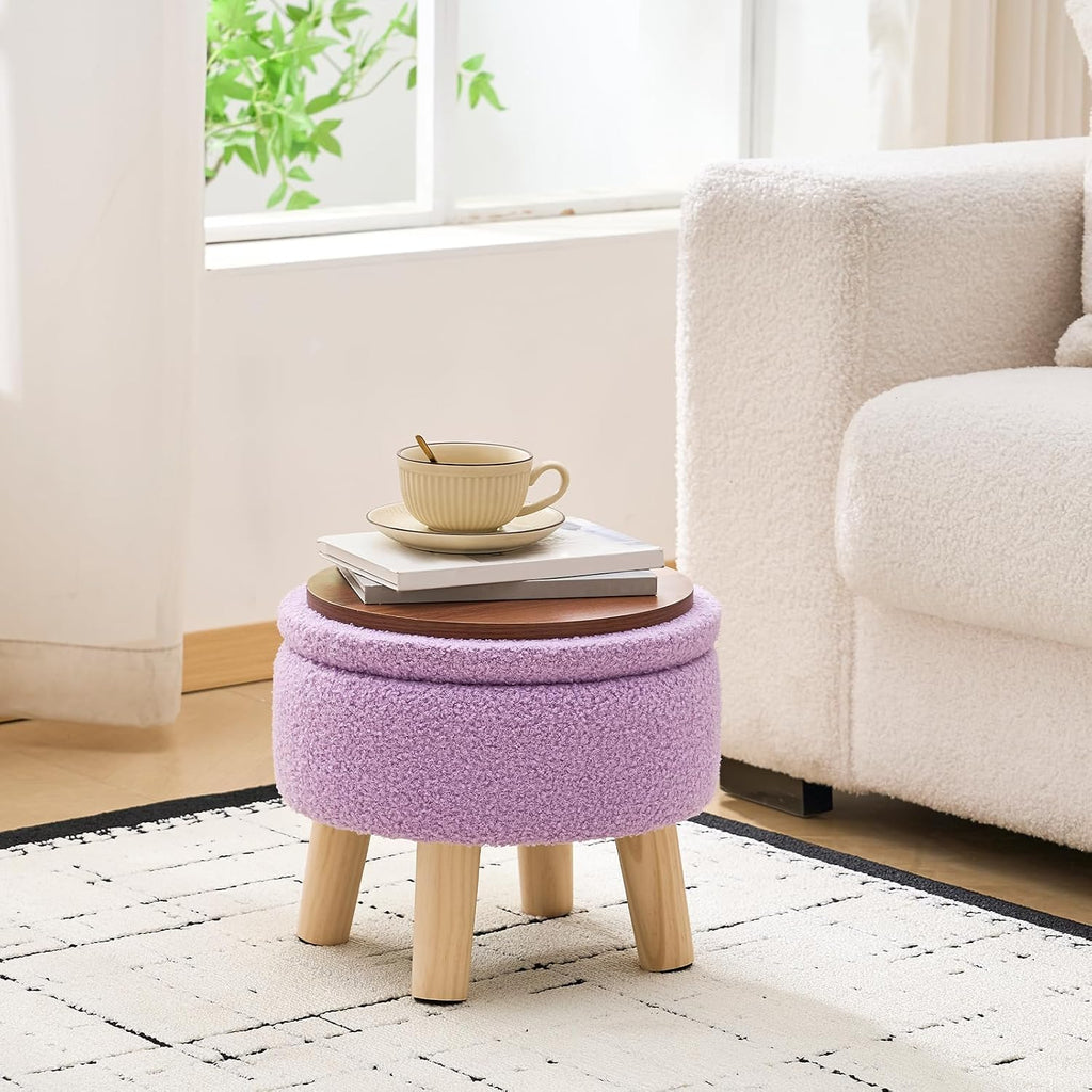 Wimarsbon Storage Ottoman, Modern Round Footrest with Soft Padded Seat, Teddy Velvet Footstool with Wood Legs, Accent Small Table or Plant Stand for Hallway, Living Room (Purple)