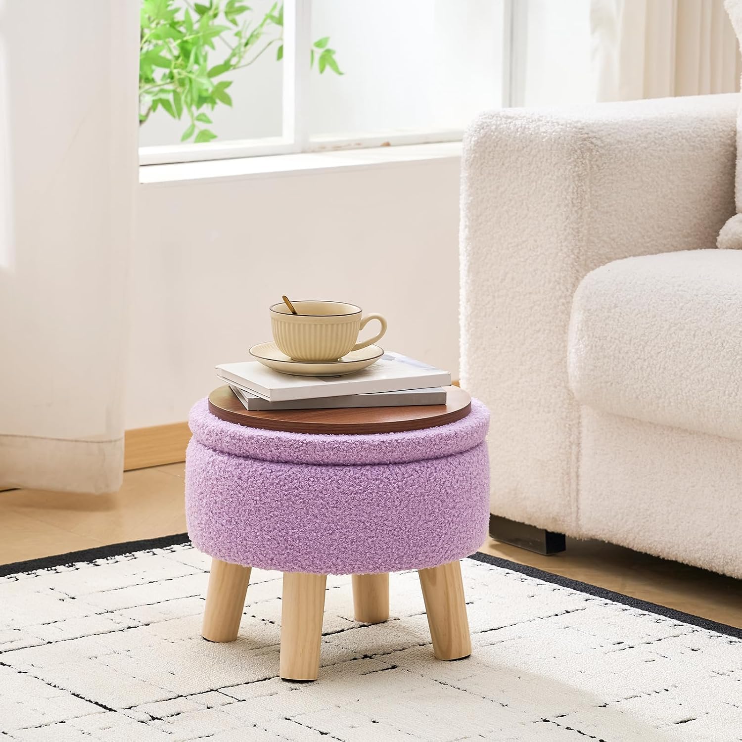 Wimarsbon Storage Ottoman, Modern Round Footrest with Soft Padded Seat, Teddy Velvet Footstool with Wood Legs, Accent Small Table or Plant Stand for Hallway, Living Room (Purple)