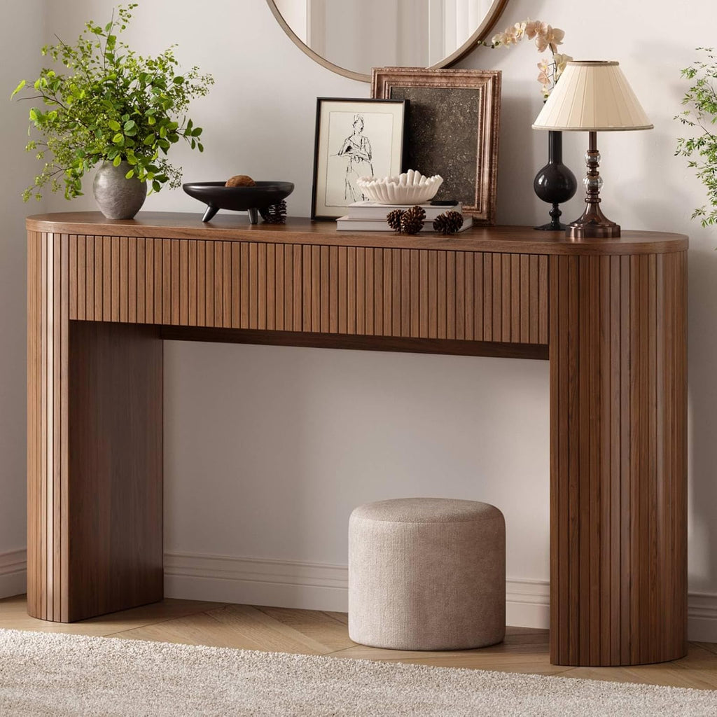 55 Inch Console Table with 2 Drawers, Fluted Entryway Tables with Storage, Sofa Table Behind The Couch, Hallway Tables, Mid-Century Modern Foyer Table for Entryway, Hallway, Living Room, Walnut