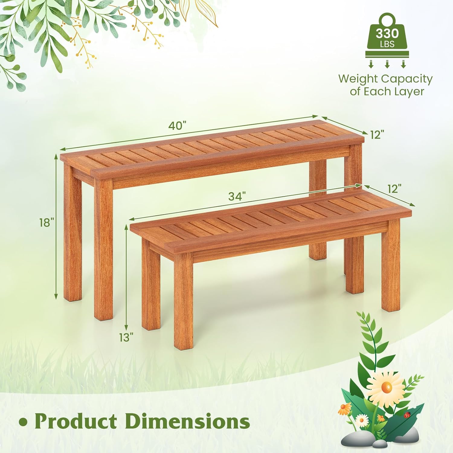 Tangkula Outdoor Backless Bench Set of 2, Solid Wood Patio Benches w/Slatted Seat, 2-Person Rustic Wooden Entryway Bench for Front Porch Garden Balcony Park Indoor, Weatherproof, Load up to 330 LBS