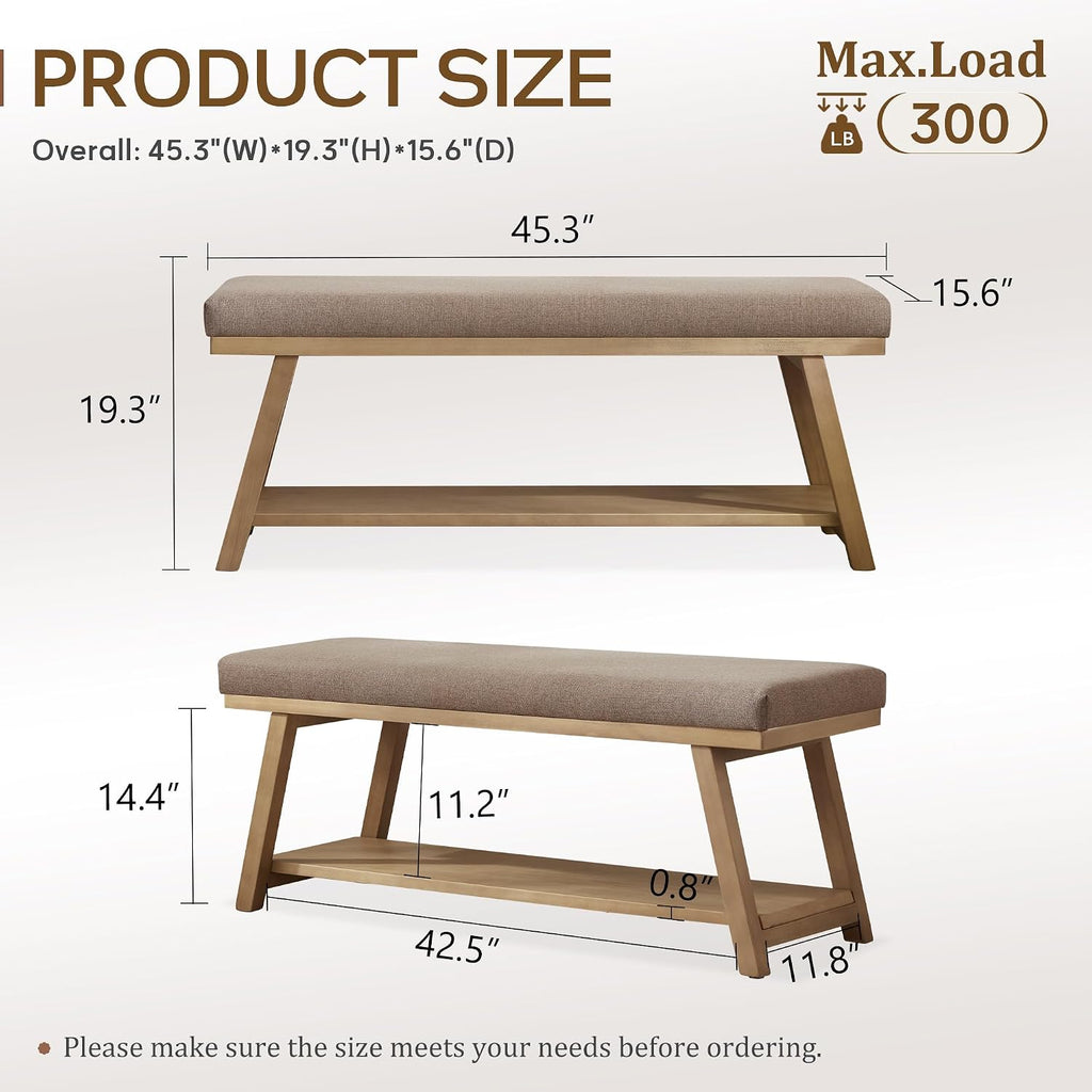 Zihanhome 45" Entryway Bench Upholstered Storage Bench for Bedroom Shoe Rack Bench for Living Room, Hallway, Mudroom, Balcony, Sturdy Indoor Bench Seat Holds Up to 300 lbs (Brown)