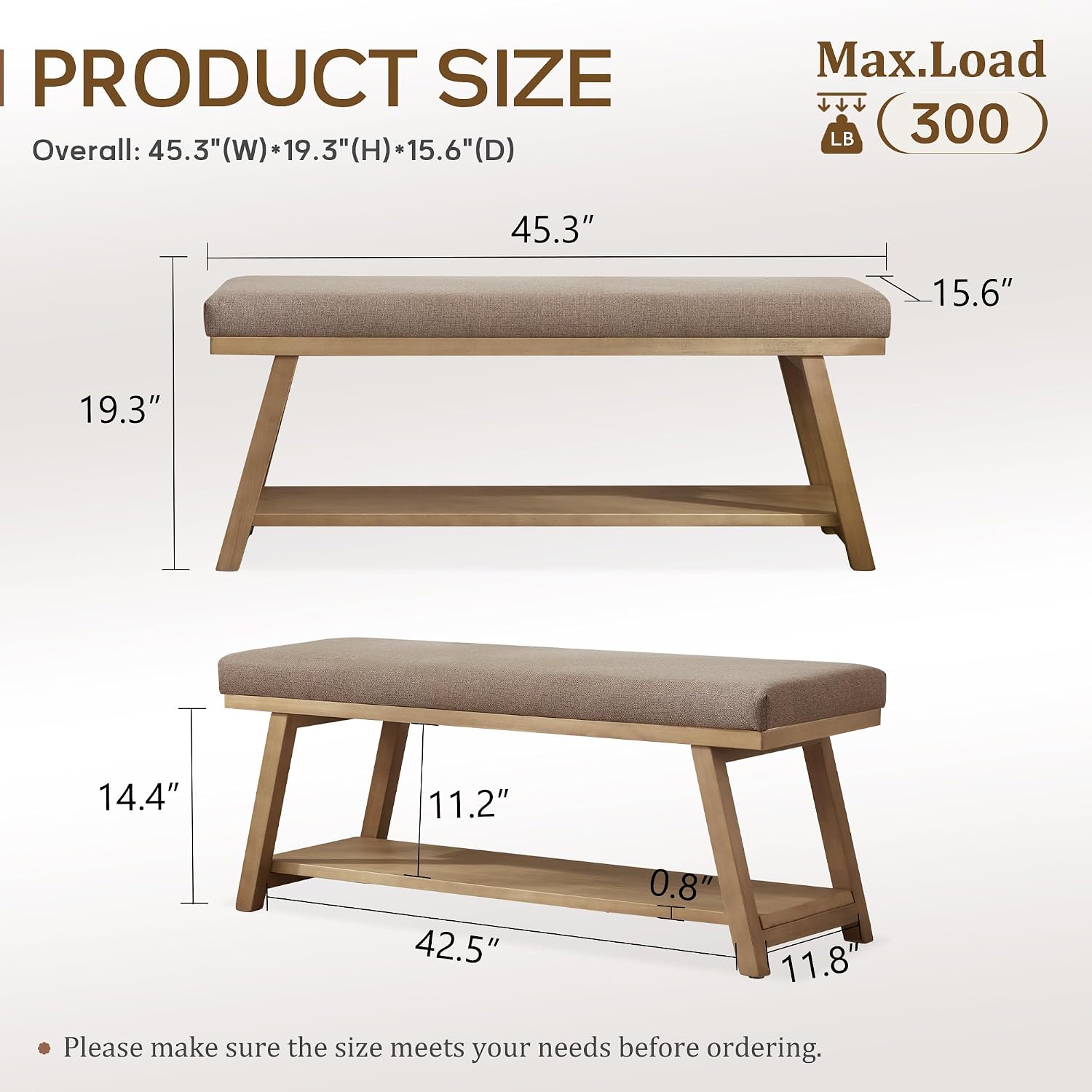 Zihanhome 45" Entryway Bench Upholstered Storage Bench for Bedroom Shoe Rack Bench for Living Room, Hallway, Mudroom, Balcony, Sturdy Indoor Bench Seat Holds Up to 300 lbs (Brown)
