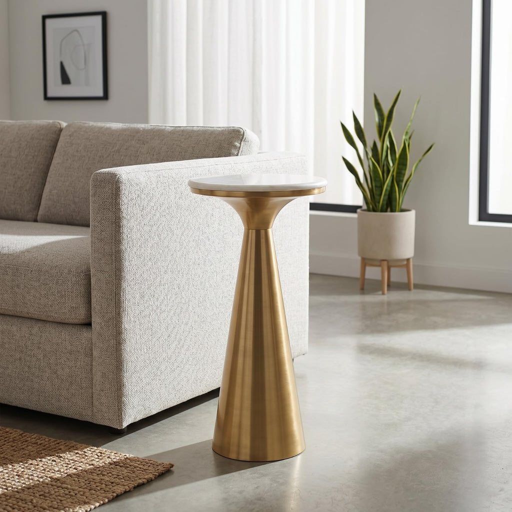Modern White Marble Top Accent Drink Table with Brushed Gold Nickel Pedestal Base, Boho Circle Table, Decorative End Table, Use as Small Plant Stand for Living Room, Bedroom, or Entryway,Assembled