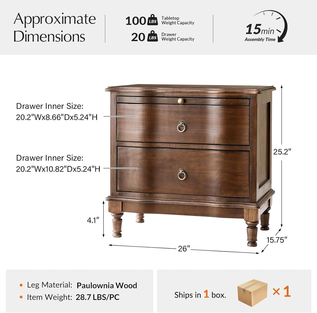 Traditional Solid Wood End Table with Charging Station, USB & Type C Ports, Curved Side Table with 2 Drawers & Pull-Out Tray, Accent Living Room Beside Tables, Walnut