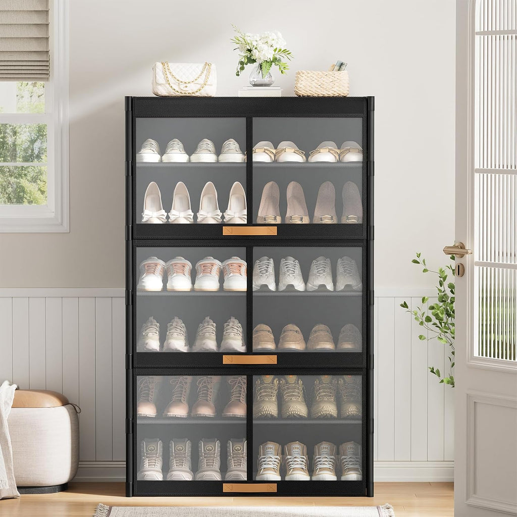 Shoe Rack, 7 Tier Shoe Storage Cabinet with Doors, 28 Pair Shoe Shelves Organizer for Entryway Closet, Plastic Shoe Shelf with Metal Frame for Bedroom Hallway, Black