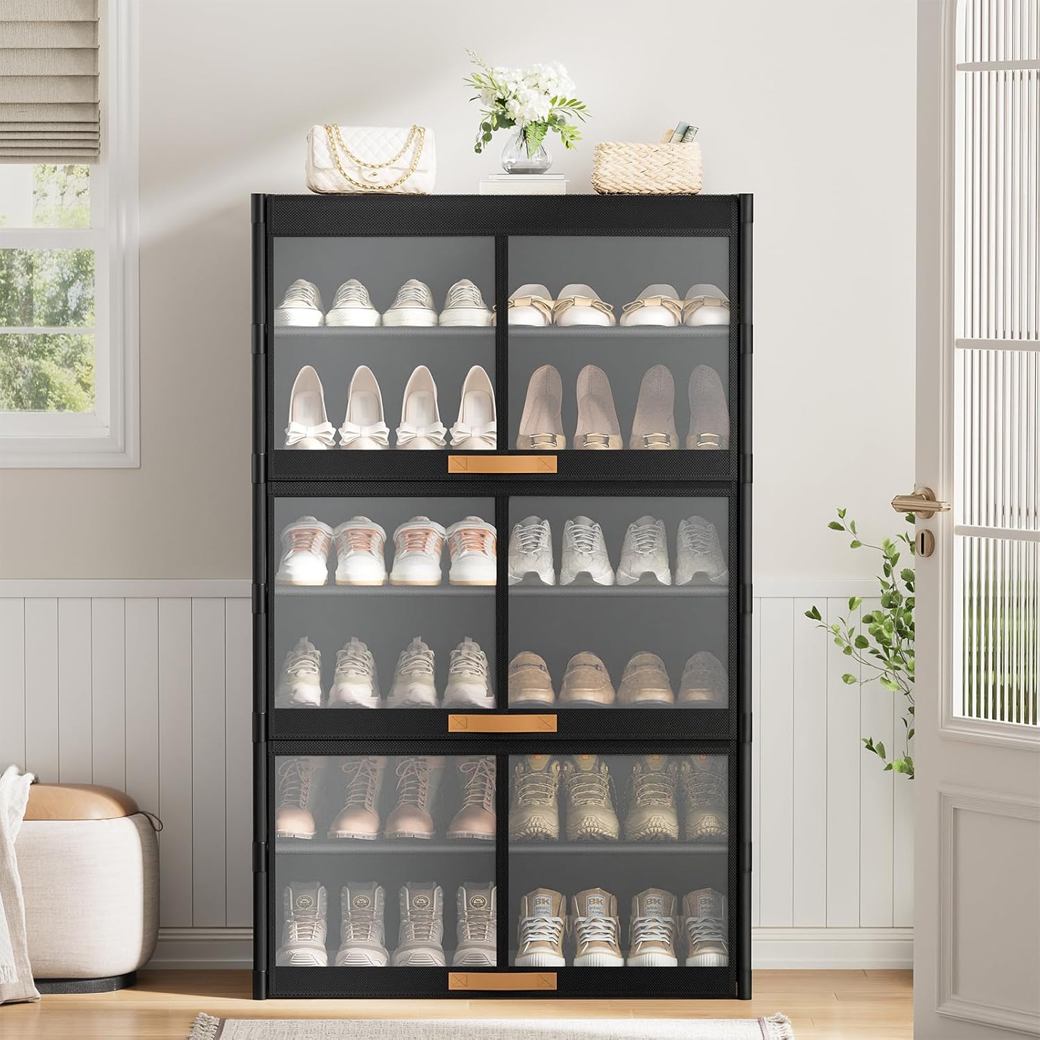Shoe Rack, 7 Tier Shoe Storage Cabinet with Doors, 28 Pair Shoe Shelves Organizer for Entryway Closet, Plastic Shoe Shelf with Metal Frame for Bedroom Hallway, Black