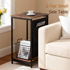 Small Narrow Side Table,Slim End Table with Storage Pockets for Small Spaces,Living Room,Bedroom,Sofa Couch,Office,Skinny Nightstands with 2 Tiers Open Storage,Rustic Brown