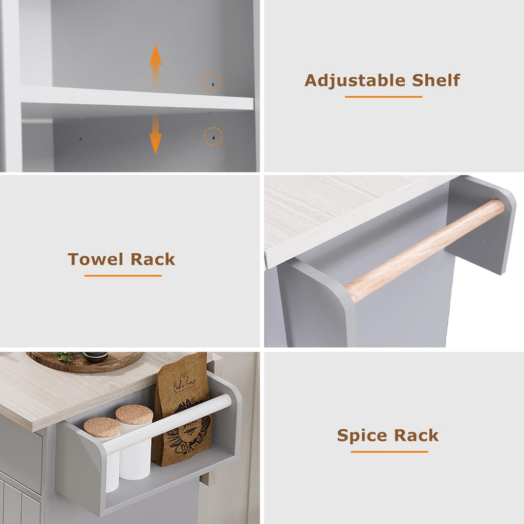 Ball & Cast Kitchen Island with Trash Can Storage Cabinet,Kitchen Cart W/Drop Leaf,Spice Rack,Towel Rack and Drawers,Rolling Kitchen Islands on Wheels W/Adjustable Shelf for Dining Room,Grey