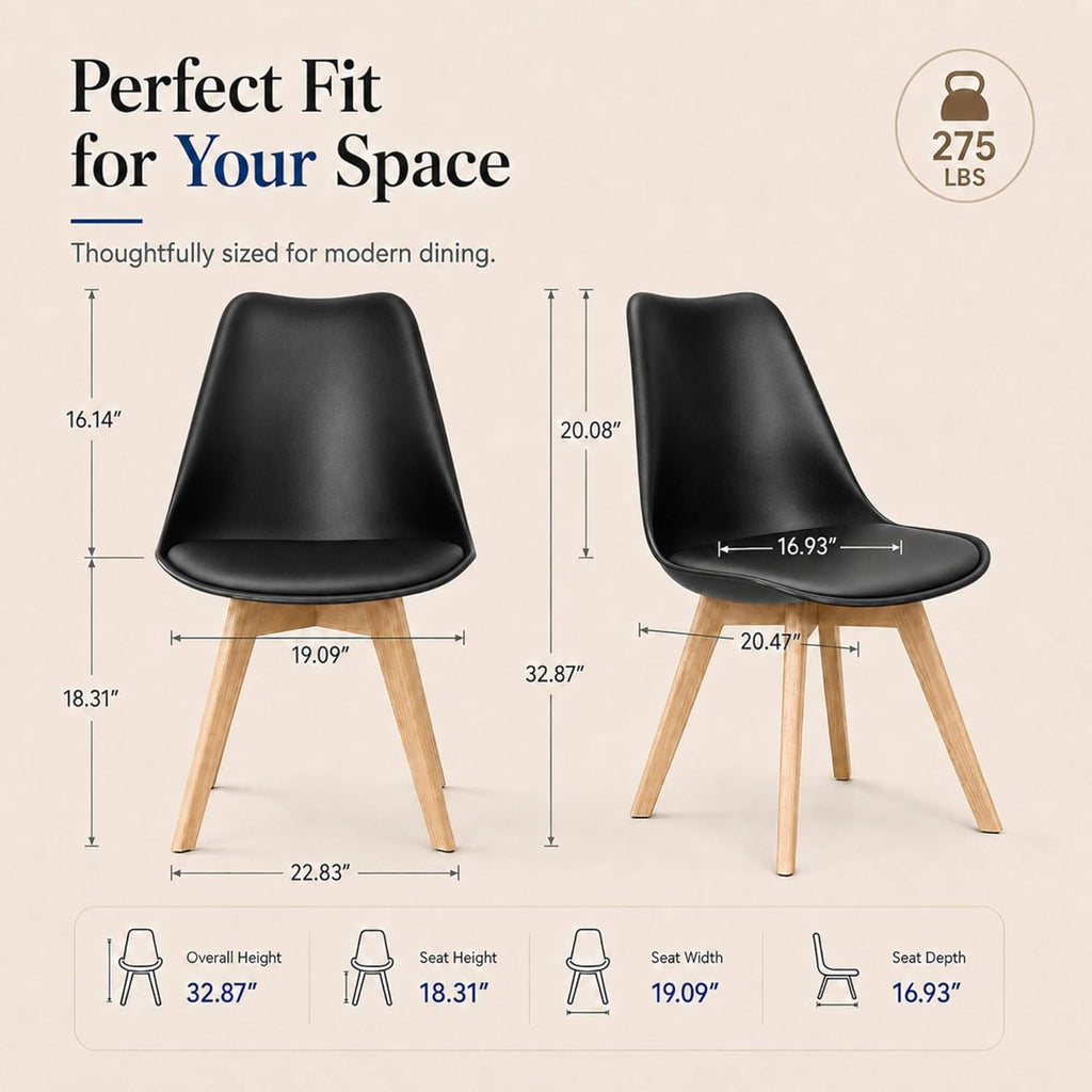 Dining Chairs Set of 4, Modern Upholstered Dining Room Chairs with PU Leather Padded Seat, Armless Kitchen Chairs with Curved Backrest and Solid Wood Legs for Dining Room, Kitchen, Apartment, Black