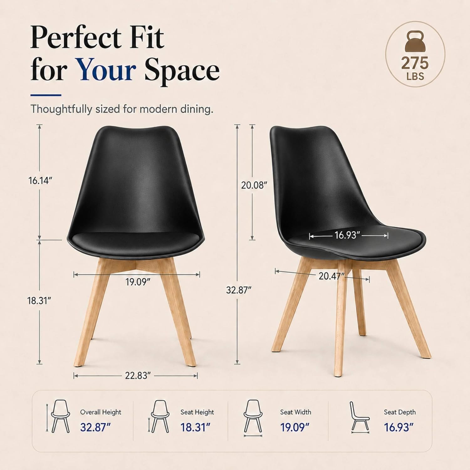 Dining Chairs Set of 4, Modern Upholstered Dining Room Chairs with PU Leather Padded Seat, Armless Kitchen Chairs with Curved Backrest and Solid Wood Legs for Dining Room, Kitchen, Apartment, Black