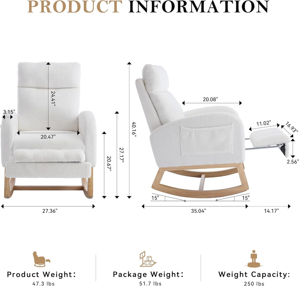 Teddy Fabric Rocking Chair with Adjustable Footstool, Nursery Rocker, High Backrest & Storage Pocket, White, 35.04"-49.21" D X 27.36" W X 40.16"-41.73" H