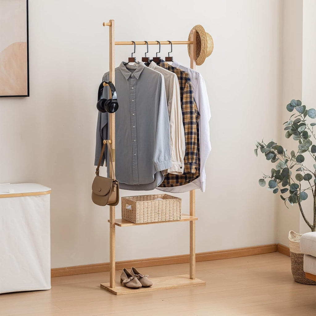 SOBIBO Wood Coat Rack Freestanding with Shelves & Hooks, 23.6inch, Natural | Solid Wood Frame, 3-in-1 Clothes Rack, Garment Rack with Storage for Bedroom, Hallway, Entryway, Office, Living Room