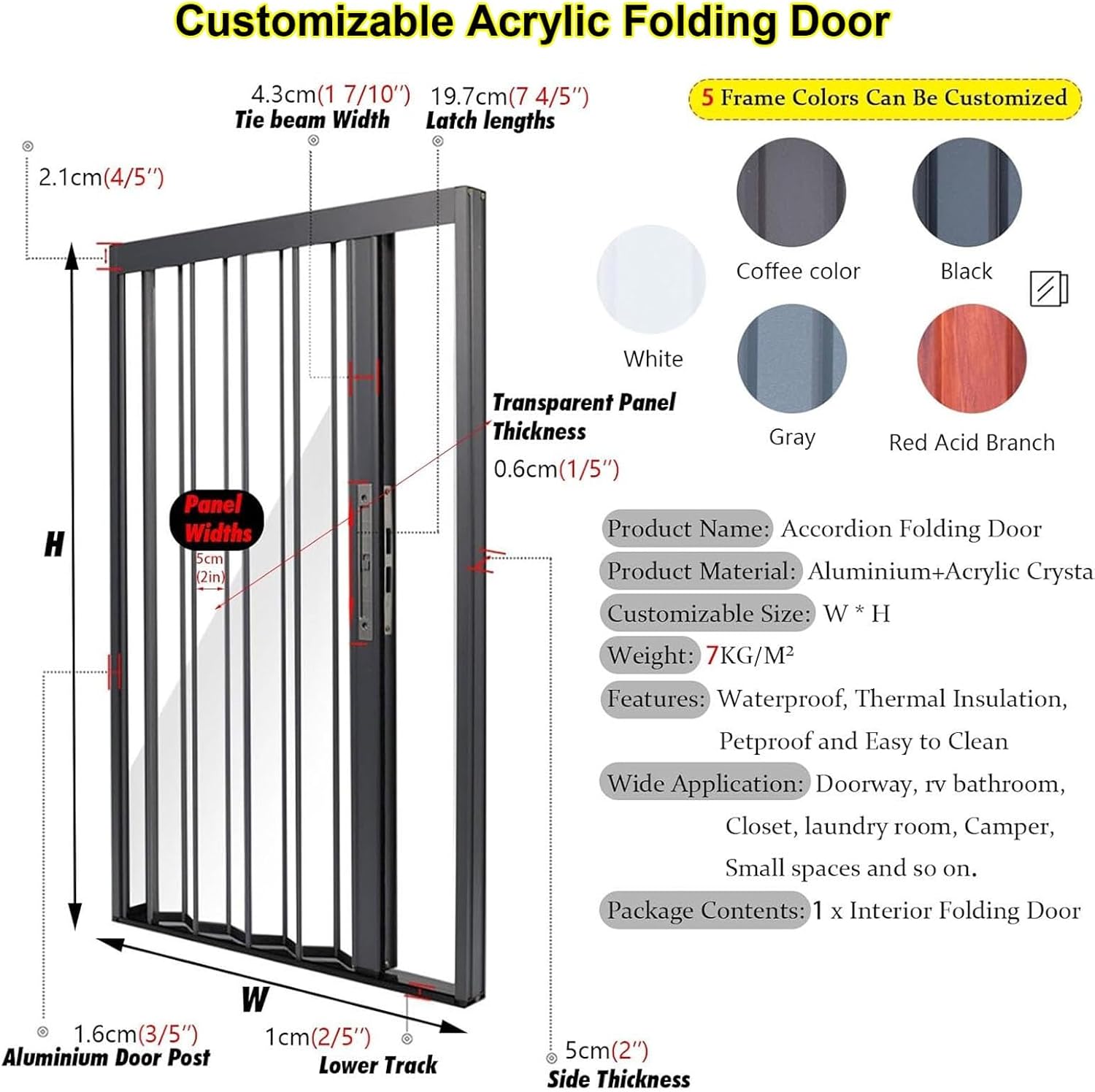 Folding Shower Partition Door 115x203cm/45.3x79.9in, 200-210cm Tall, Waterproof Accordion Retractable Temp Lock Divider for Hotel Apartment Bathroom/Kitchens