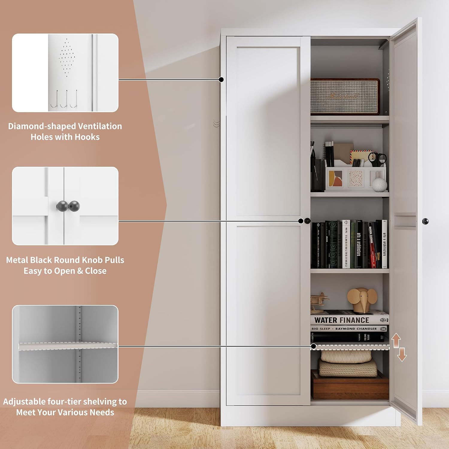 61" White Metal Kitchen Pantry Cabinet Adjustable Storage with 4 Shelves (110lb Capacity), Heavy Duty Freestanding Pantry Organizer for Kitchen, Pantry, Living Room