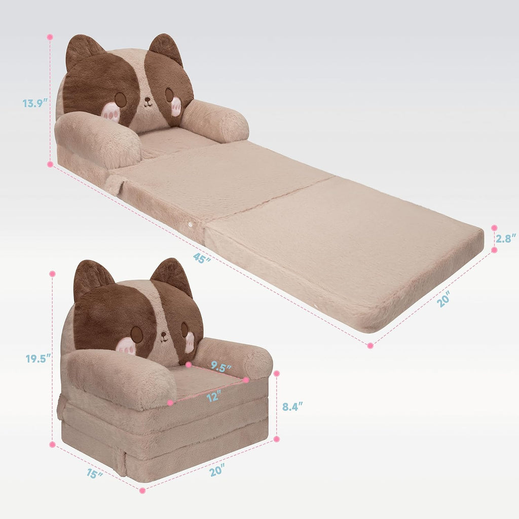 MONKISS Kids Couch, Comfy Toddler Chair, 2 in 1 Fold Out Kids Sofa, Baby Sitting Chair with Washable Cover, Toddler Furniture for Reading, TV and Playroom, Birthday Gift, 1-4 Years Old, Cute Dog