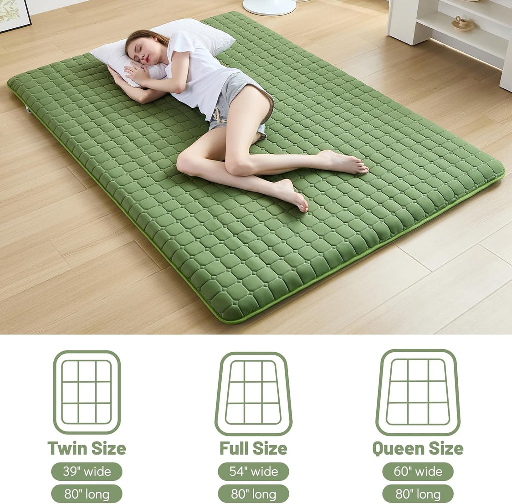 Zelladorra Japanese Floor Mattress Queen, Anti-Slip Japanese Futon Roll Up Tatami Mat for Guests, Green