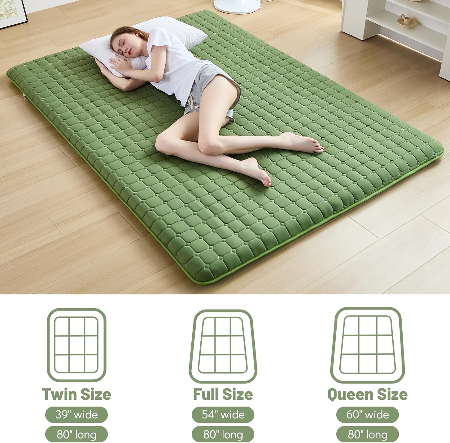 Zelladorra Japanese Floor Mattress Queen, Anti-Slip Japanese Futon Roll Up Tatami Mat for Guests, Green