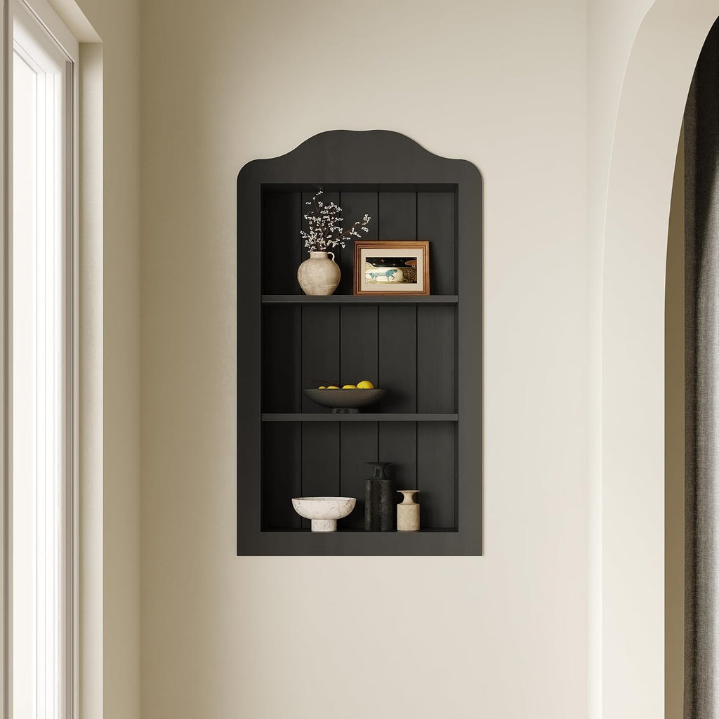 CJL 14'' x 24'' Victorian Recessed Medicine Cabinet, Solid Wood in-Wall Bathroom Cabinet, Wall Niche Shelf, 3-Tier, No MDF, Black