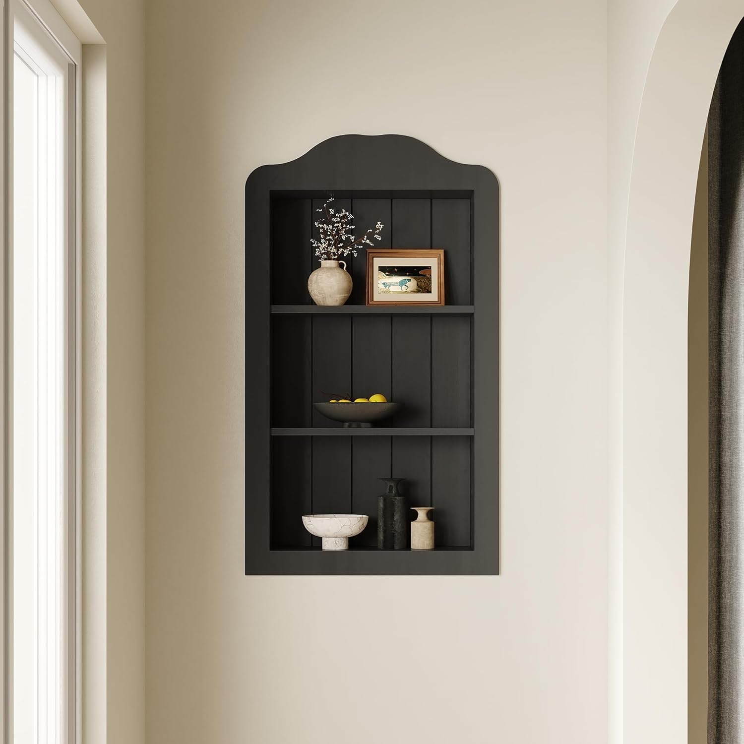 CJL 14'' x 24'' Victorian Recessed Medicine Cabinet, Solid Wood in-Wall Bathroom Cabinet, Wall Niche Shelf, 3-Tier, No MDF, Black
