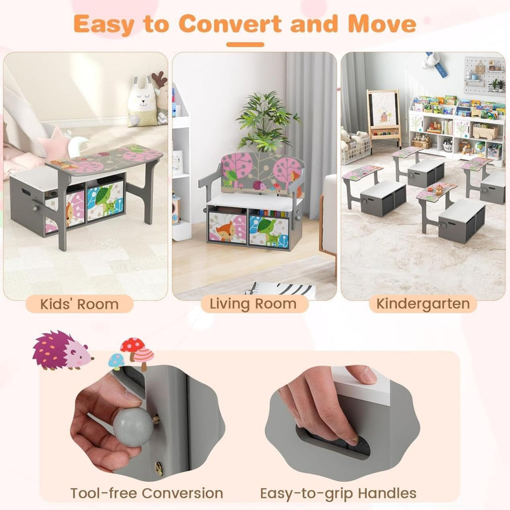 Byroce Kids Storage Bench with 2 Fabric Drawers, Multifunctional Toy Organizer Bench with T-Shaped Armrests, Convertible Activity Table and Chair Set for Playroom, Bedroom, and Nursery (Gray)