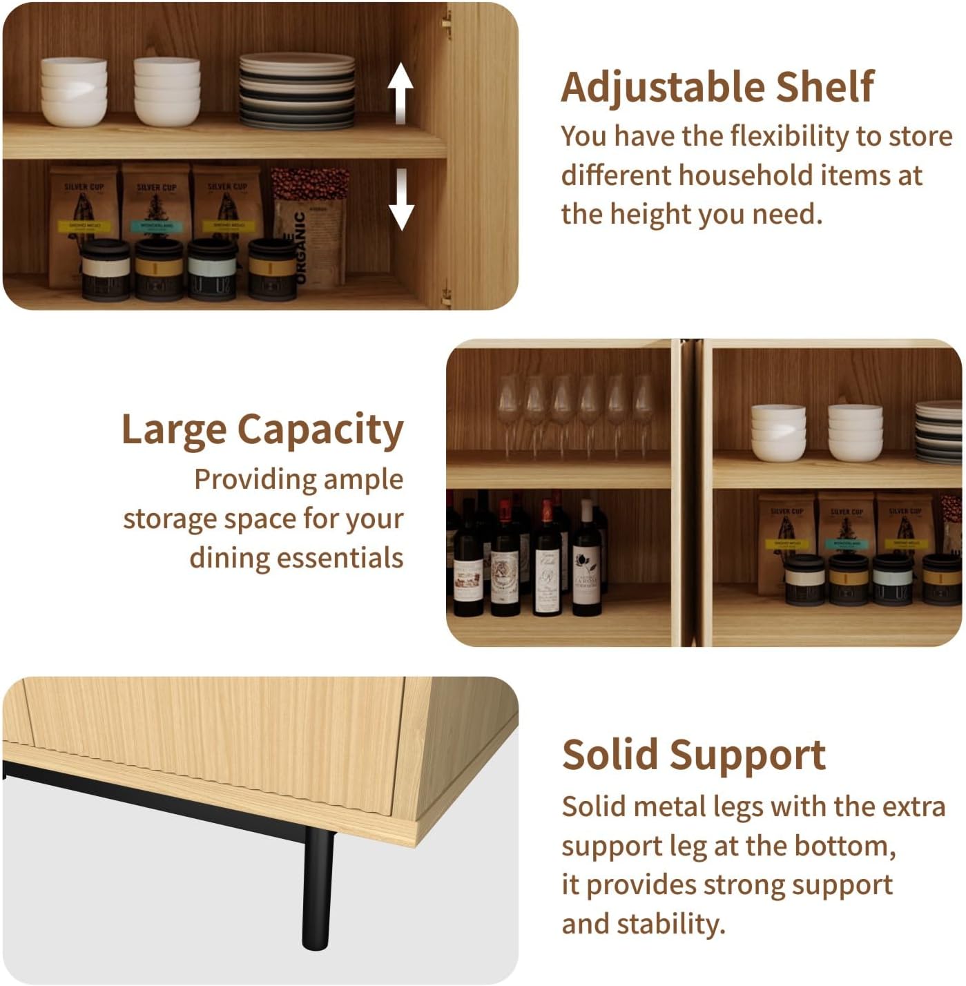 Sideboard Buffet Cabinet with Storage, MUUEGM 58”Fluted Large Kitchen Storage Cabinet with 4 Doors and Adjustable Shelves,Wood Coffee Bar Storage Cabinet for Dinging Room, Living Room, Kitchen,Natural