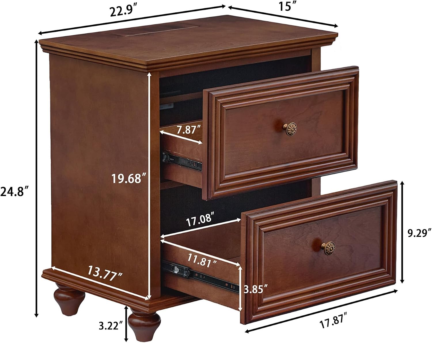 Traditional End Table with Storage & Charging Station 22.9-Inch Wood Modern Vintage Side Table Nightstand with 2 Drawers for Living Room Bedroom, Walnut