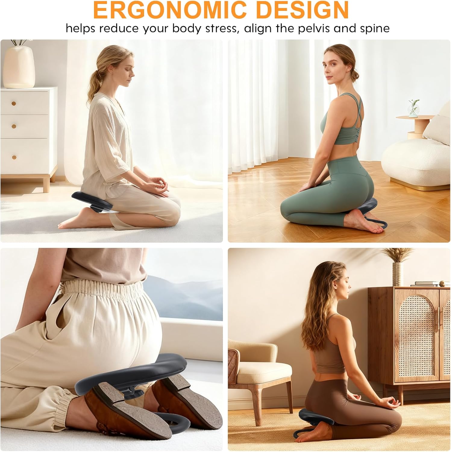 Engorgio Meditation Bench Black, Adjustable Height Meditation Chair, Kneeling Meditation Stool, Seiza Chair, Prayer Bench with Cushion for Home Studio Portable Non-Slip Yoga Stool.