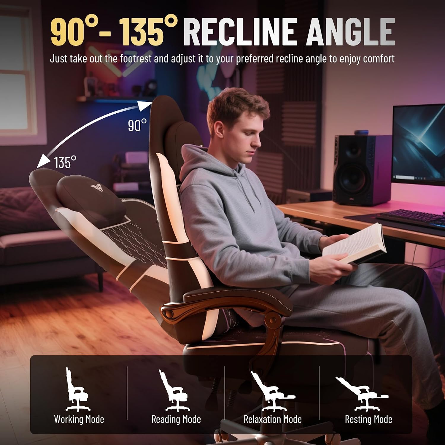 Ferghana Gaming Chair, Leather Comfortable Computer Chair with Footrest and Linkage Armrest, Ergonomic High Back Game Chair with Massage Lumbar Support for Adult, Beige