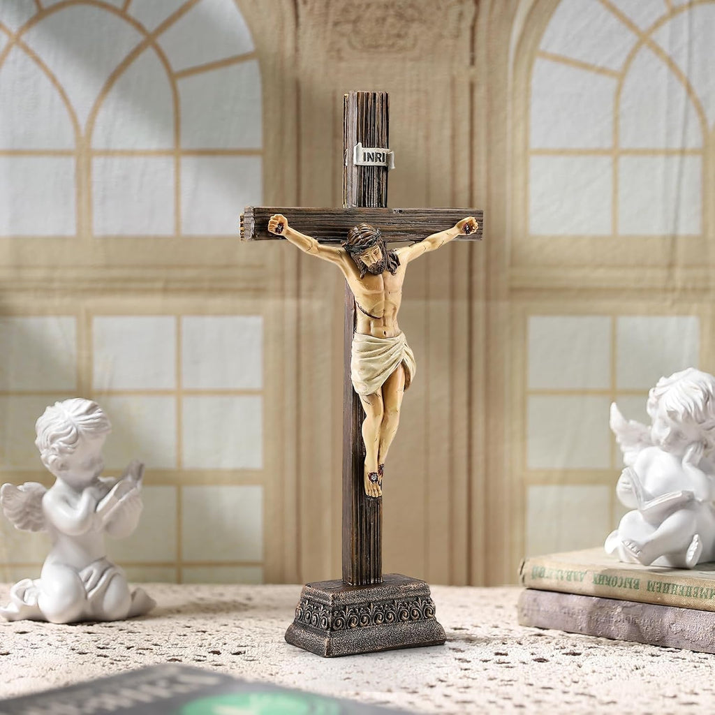 Magicsculp 10.8" H Jesus Crucifix Statue - Resin Standing Wall Cross Decoration, Praying Religious Figurine Jesus Christ Catholic Display, Hanging or Tabletop with Stand for Home Decor