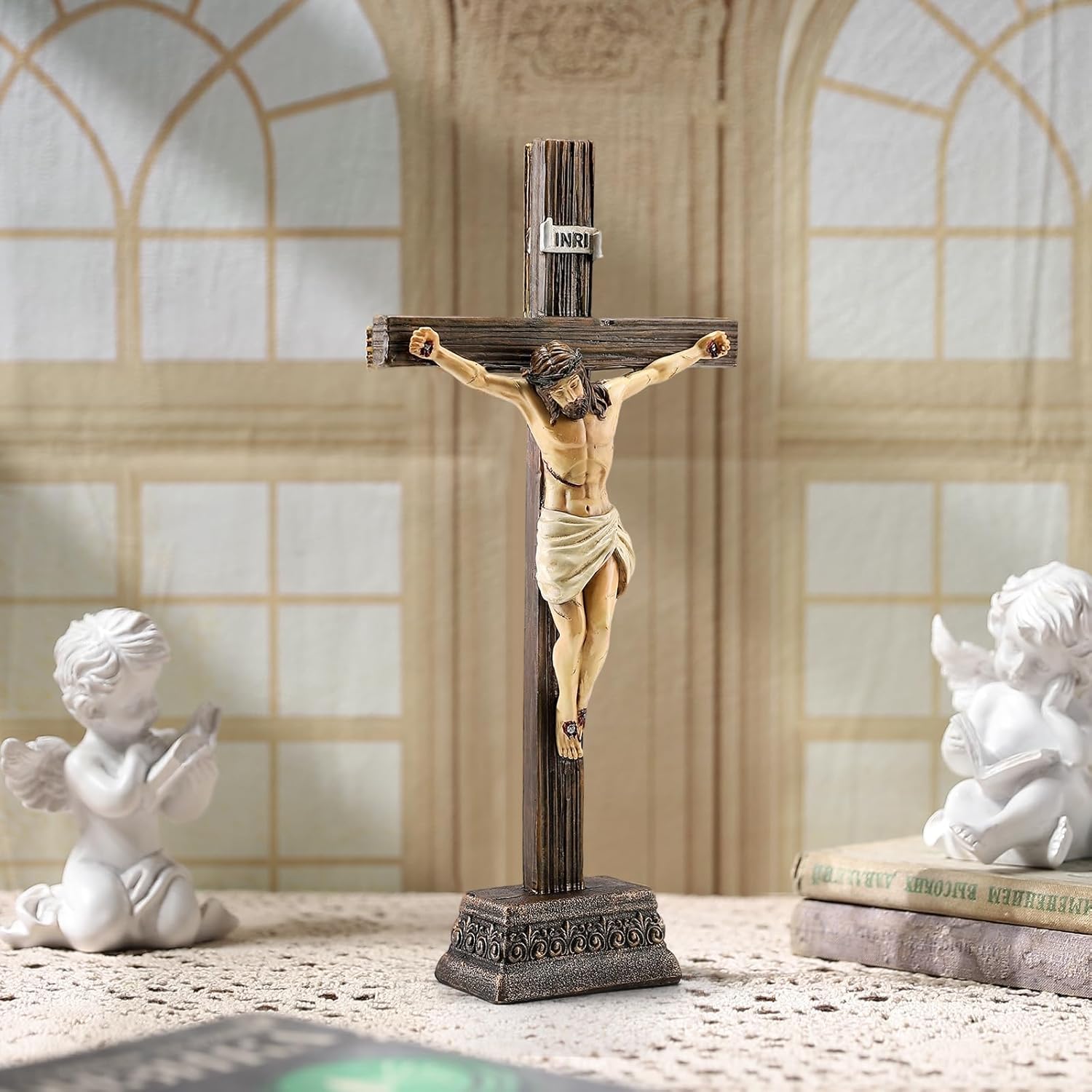 Magicsculp 10.8" H Jesus Crucifix Statue - Resin Standing Wall Cross Decoration, Praying Religious Figurine Jesus Christ Catholic Display, Hanging or Tabletop with Stand for Home Decor