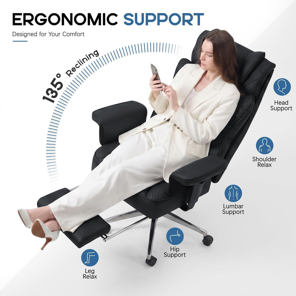 Office Desk Chair, High-Back Big and Tall Leather Chair with Footrest, Ergonomic Reclining Computer Chairs, Comfy Executive Wide Chair with Lumbar Support, Adjustable Padded Armrests, 400LBS (Black)