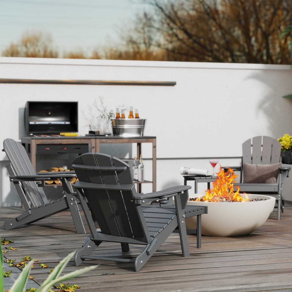 GREENVINES Adjustable Adirondack Chair with Retractable Ottoman Set of 2 | Folding | HDPE Plastic | Fire Pit Chairs w/Foot Rest | 2 Cup Holders | Grey | for Outdoor Patio Poolside Deck