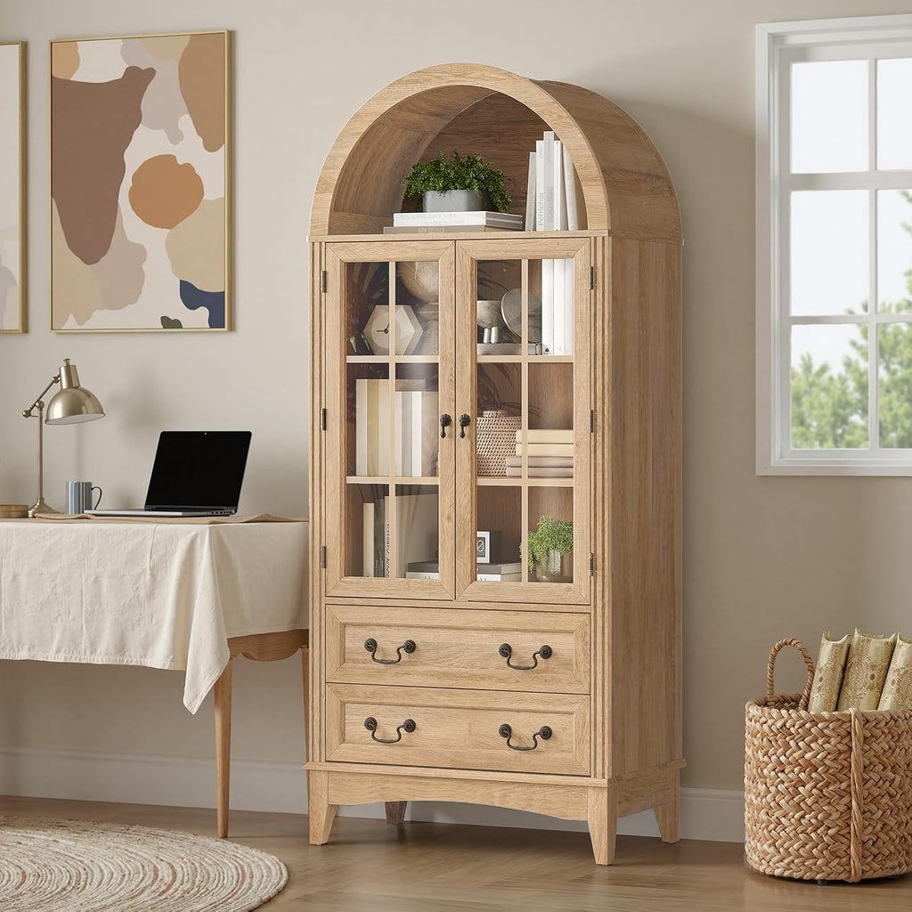 RALGEND 71'' Tall Arched Pantry Cabinet, Farmhouse Kitchen Pantry Cabinet with Glass Doors, Adjustable Shelves and 2 Large Drawers, Versatile Cupboard for Kitchen, Dining Room, Natural