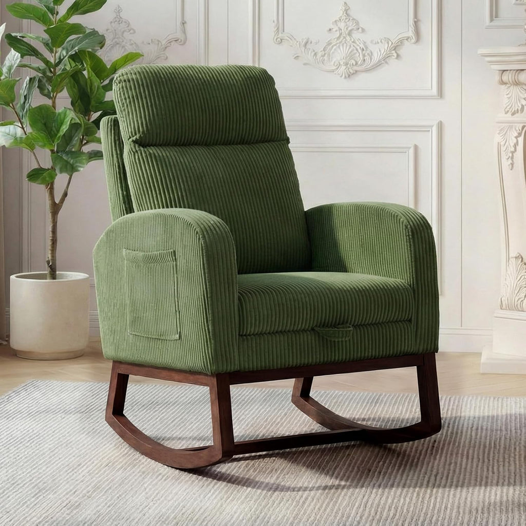 GarveeLife Nursery Rocking Chair,300lb Glider Chair with Solid Wood Legs/Two Side Pockets,Corduroy Upholstered Glider Rocker with Footrest High Backrest for Living Room/Bedroom/Nursery